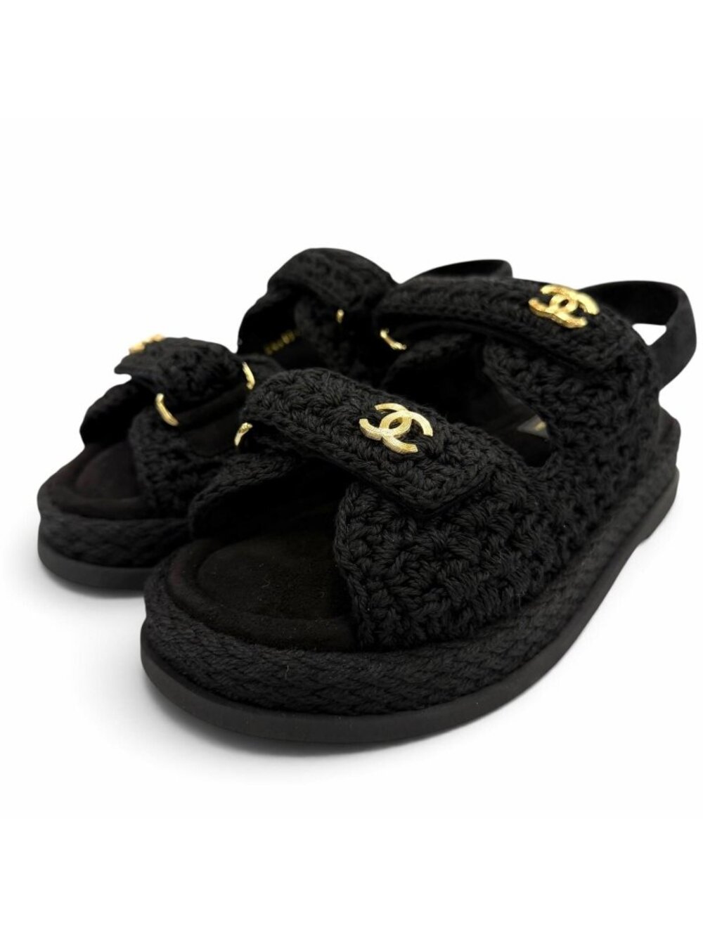 Chanel Suede Leather CC Logo Velcro Knit Sandals Black